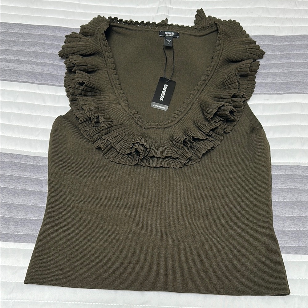 Express Olive Ruffle V-Neck Top